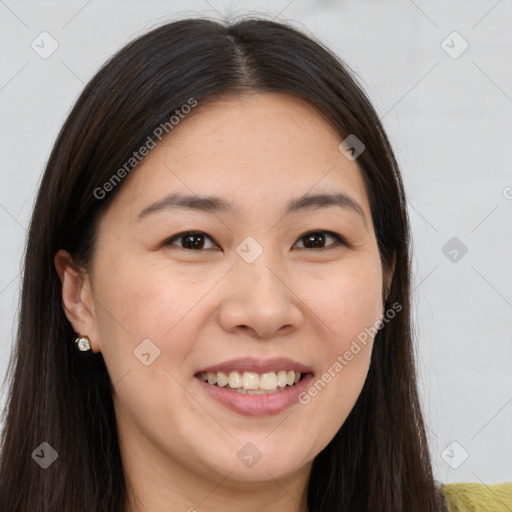 Joyful white young-adult female with long  brown hair and brown eyes