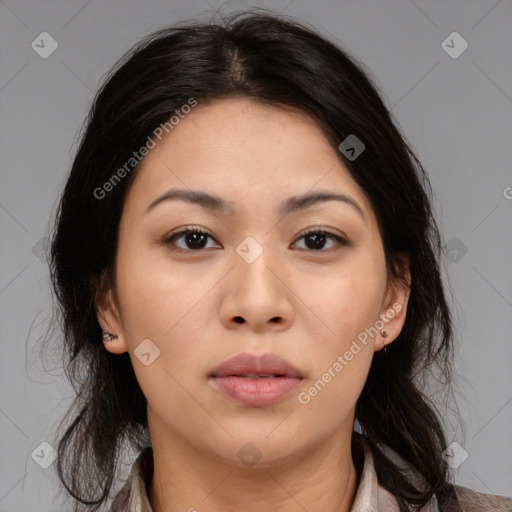 Neutral asian young-adult female with medium  brown hair and brown eyes