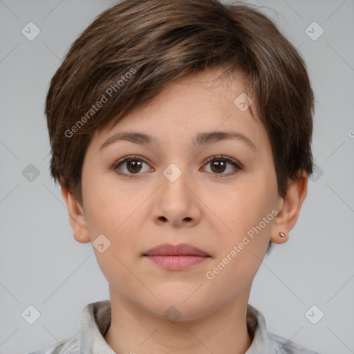 Neutral white young-adult female with short  brown hair and brown eyes