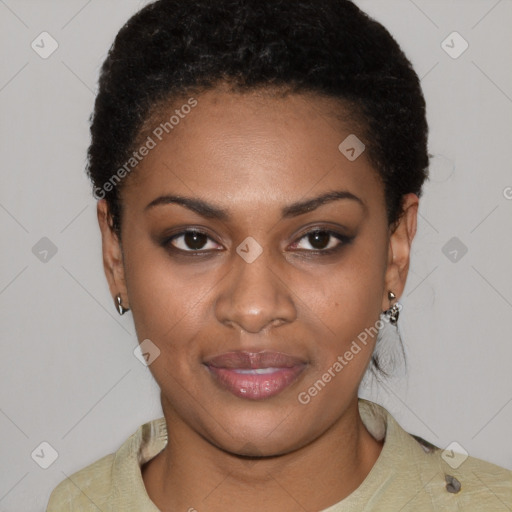 Joyful latino young-adult female with short  brown hair and brown eyes