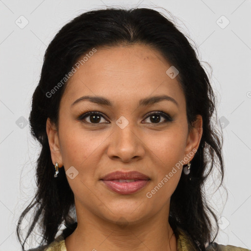 Joyful latino young-adult female with medium  brown hair and brown eyes