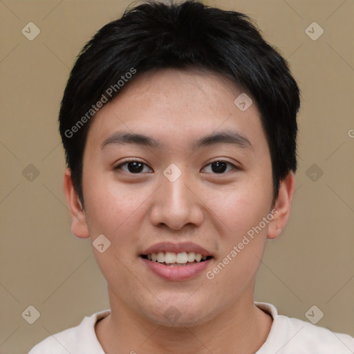 Joyful asian young-adult female with short  black hair and brown eyes