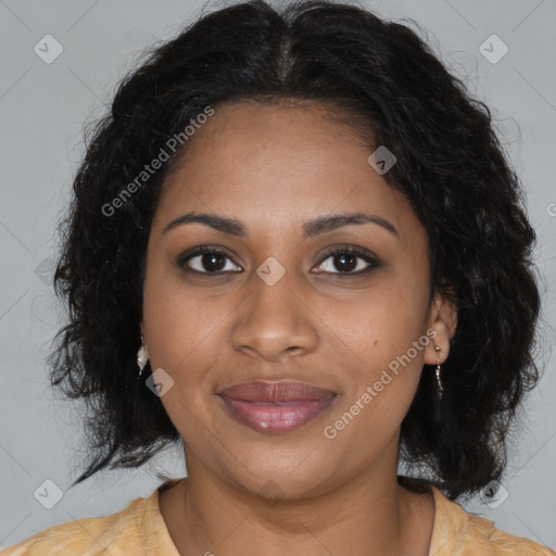 Joyful black young-adult female with medium  brown hair and brown eyes