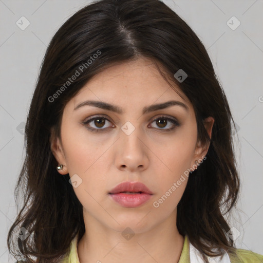 Neutral white young-adult female with medium  brown hair and brown eyes