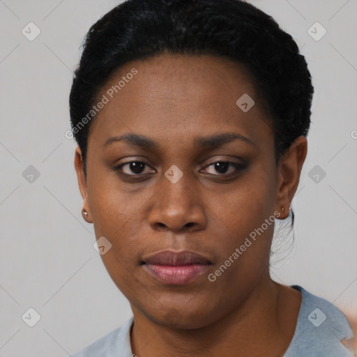 Neutral black young-adult female with short  black hair and brown eyes