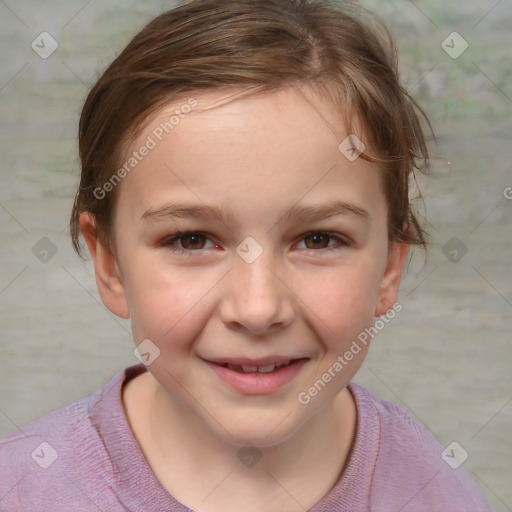 Joyful white child female with medium  brown hair and brown eyes