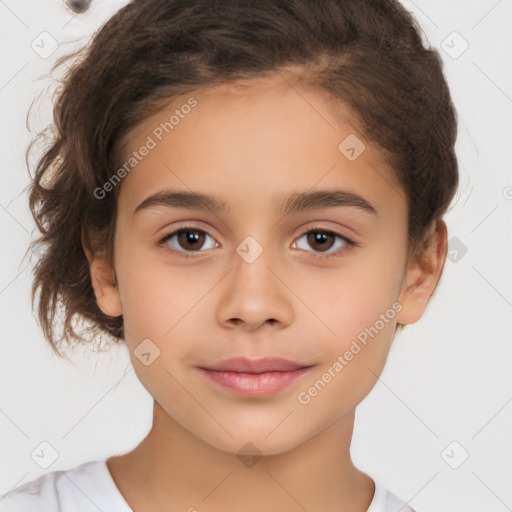 Joyful white child female with medium  brown hair and brown eyes