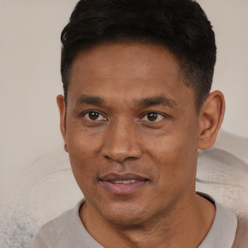 Joyful black adult male with short  black hair and brown eyes