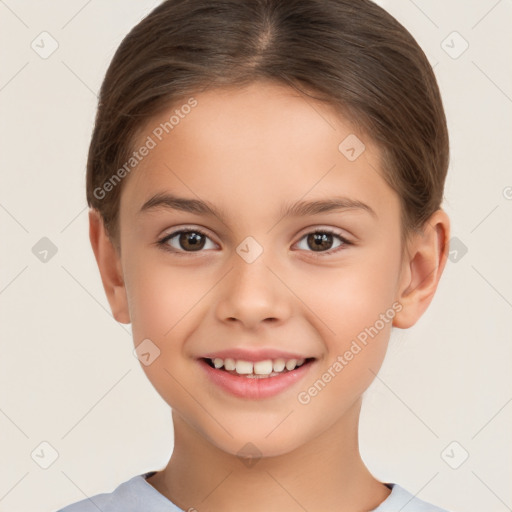 Joyful white child female with short  brown hair and brown eyes