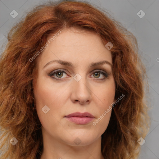 Joyful white young-adult female with long  brown hair and green eyes