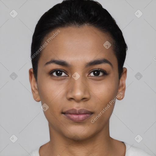 Joyful latino young-adult female with short  black hair and brown eyes