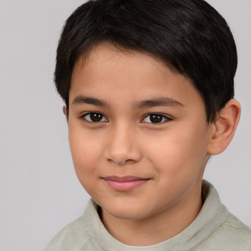 Joyful asian child male with short  brown hair and brown eyes