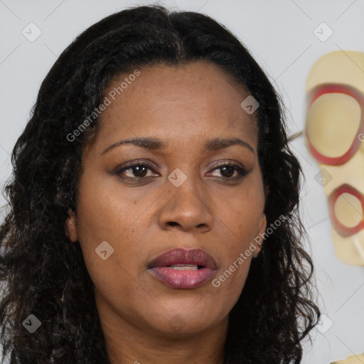 Joyful black young-adult female with long  brown hair and brown eyes