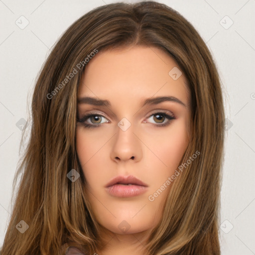 Neutral white young-adult female with long  brown hair and brown eyes