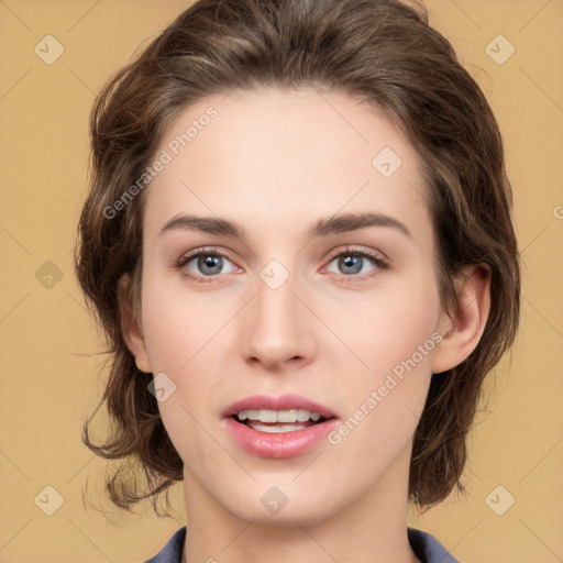 Joyful white young-adult female with medium  brown hair and green eyes