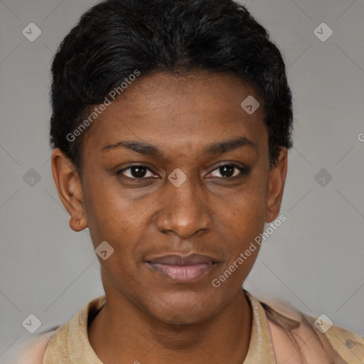Joyful latino young-adult female with short  black hair and brown eyes