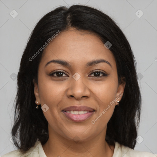 Joyful latino young-adult female with medium  brown hair and brown eyes