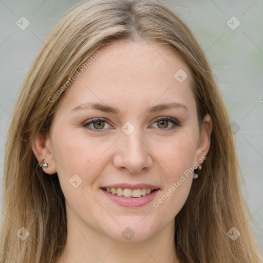 Joyful white young-adult female with long  brown hair and grey eyes