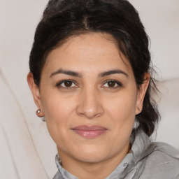 Joyful white adult female with medium  brown hair and brown eyes