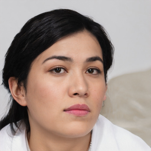 Neutral asian young-adult female with medium  black hair and brown eyes