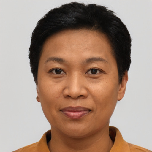 Joyful asian adult female with short  black hair and brown eyes