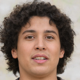 Joyful white young-adult male with medium  brown hair and brown eyes