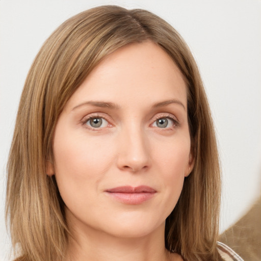 Neutral white young-adult female with long  brown hair and grey eyes