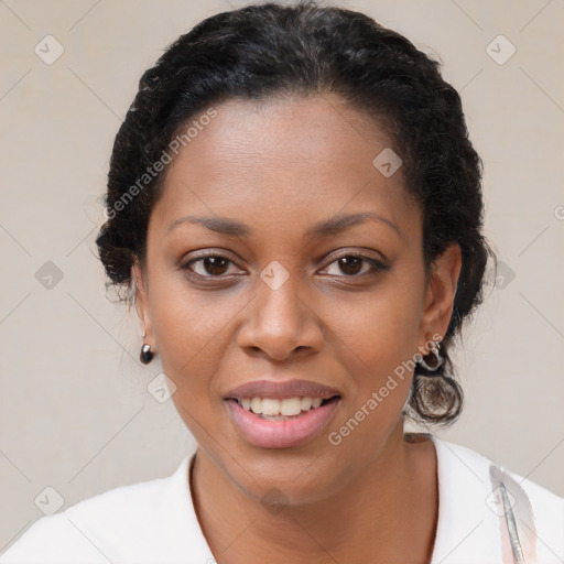 Joyful black young-adult female with medium  brown hair and brown eyes