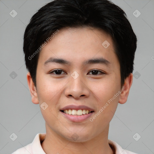 Joyful asian young-adult female with short  brown hair and brown eyes