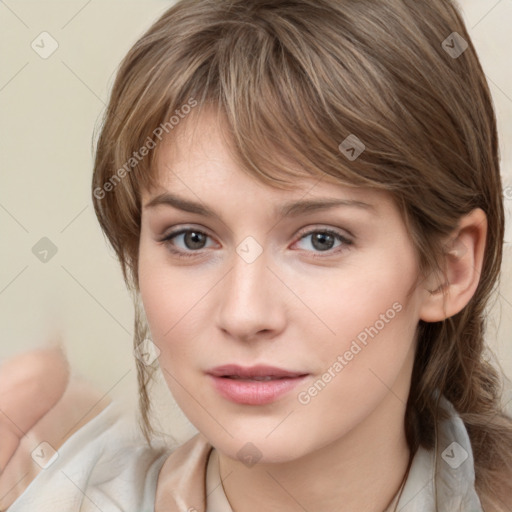 Neutral white young-adult female with medium  brown hair and brown eyes