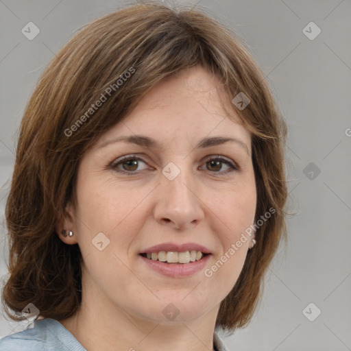 Joyful white adult female with medium  brown hair and grey eyes