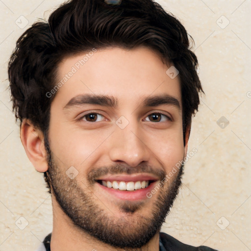 Joyful white young-adult male with short  black hair and brown eyes