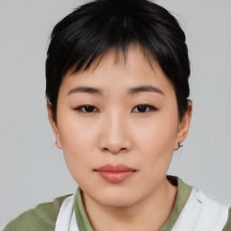 Neutral asian young-adult female with short  black hair and brown eyes