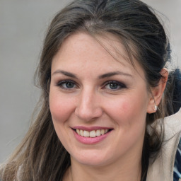 Joyful white adult female with medium  brown hair and grey eyes