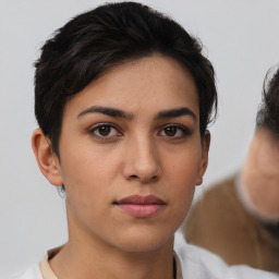 Neutral white young-adult female with short  brown hair and brown eyes