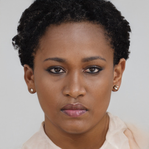 Neutral black young-adult female with short  brown hair and brown eyes