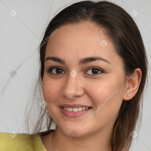 Joyful white young-adult female with medium  brown hair and brown eyes