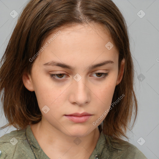 Neutral white young-adult female with medium  brown hair and brown eyes