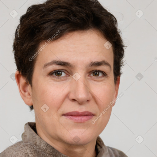 Joyful white adult female with short  brown hair and grey eyes