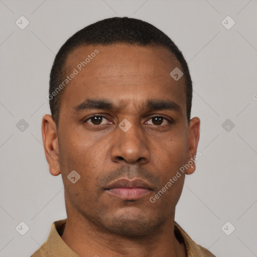Neutral black young-adult male with short  black hair and brown eyes