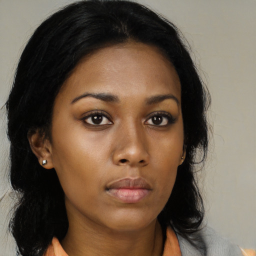 Neutral black young-adult female with long  black hair and brown eyes