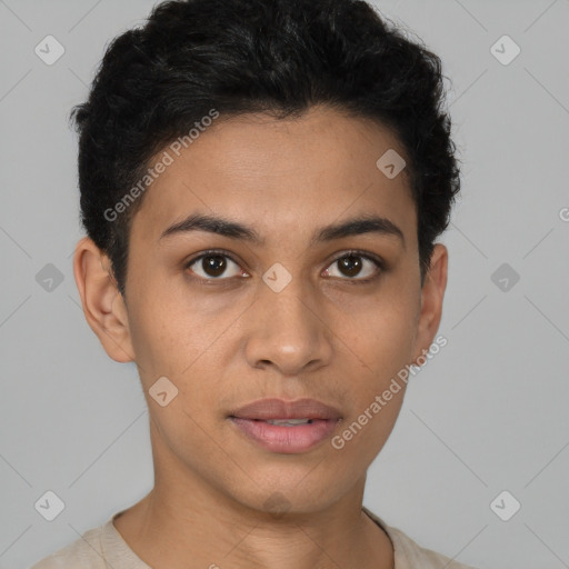 Joyful latino young-adult female with short  brown hair and brown eyes