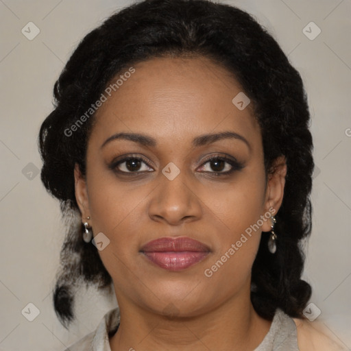Joyful black young-adult female with medium  brown hair and brown eyes