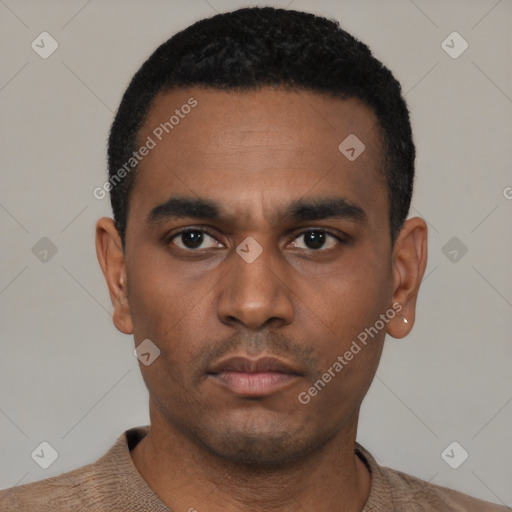 Neutral latino young-adult male with short  black hair and brown eyes