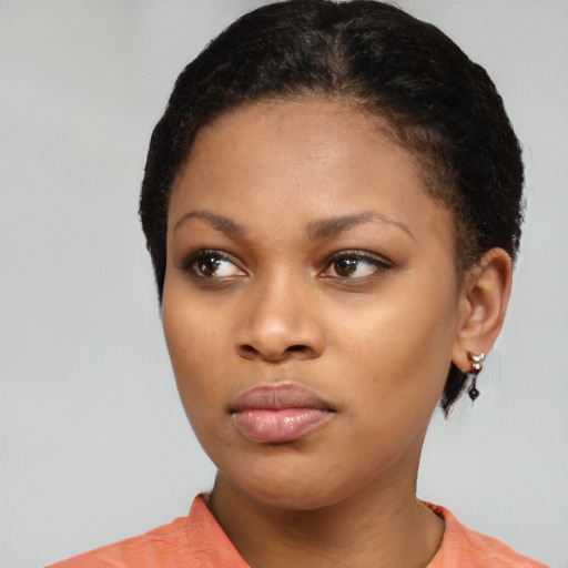 Neutral asian young-adult female with short  black hair and brown eyes