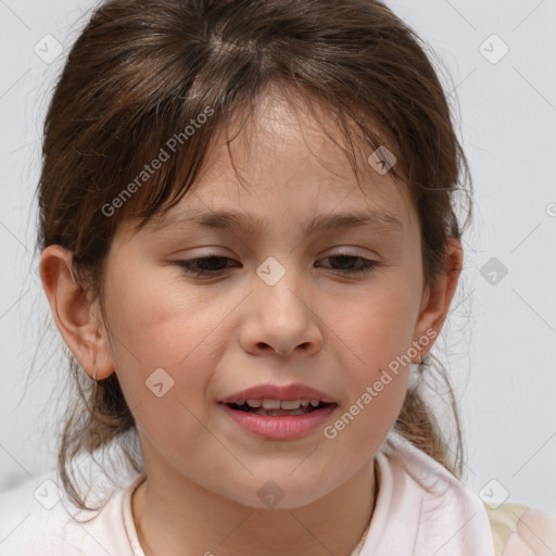 Joyful white child female with medium  brown hair and brown eyes