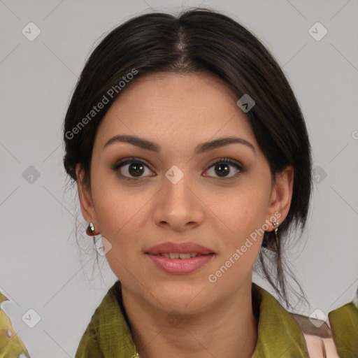 Joyful latino young-adult female with medium  black hair and brown eyes