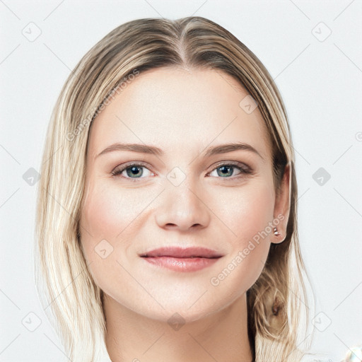 Joyful white young-adult female with medium  brown hair and blue eyes