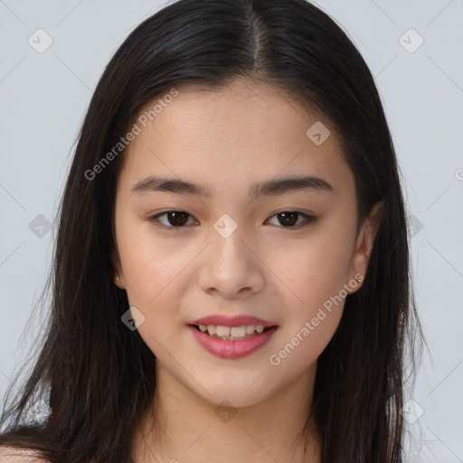 Joyful asian young-adult female with long  brown hair and brown eyes