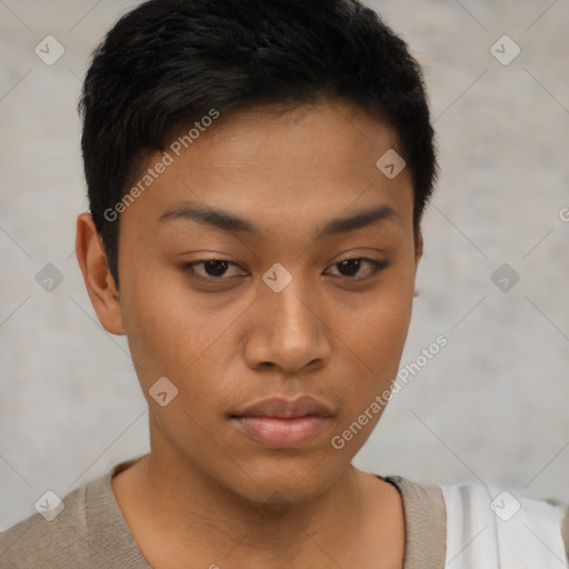 Neutral latino young-adult female with short  brown hair and brown eyes